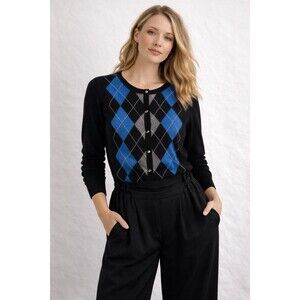 APT 9 100% Cashmere Cardigan Womens S Argyle Blue Black Soft Luxury Knit